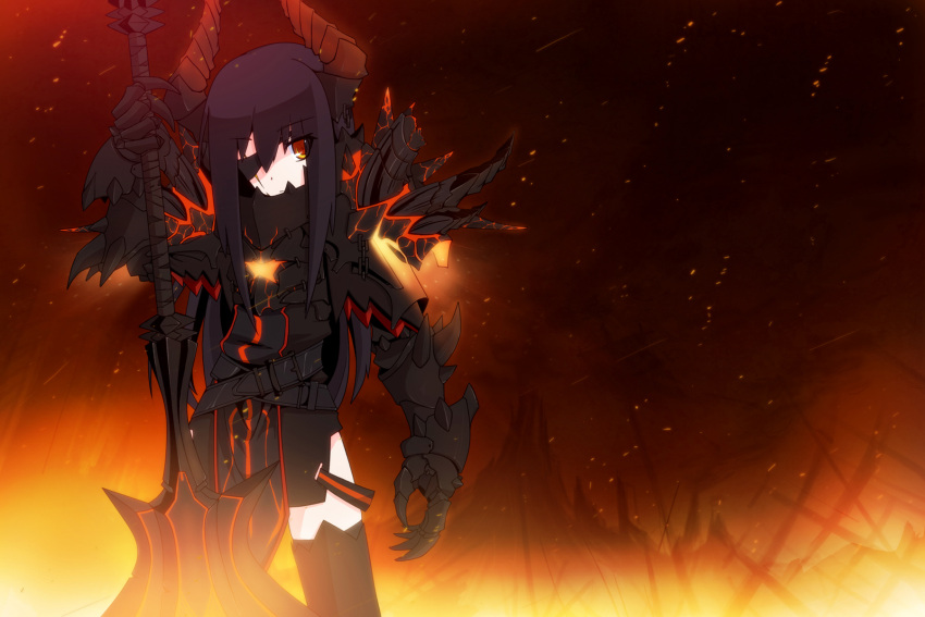 armor, auer, black_hair, deathwing, eyepatch, highres, horns, mace