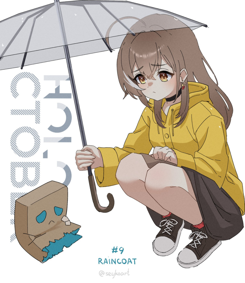 1girl, ahoge, black_choker, black_footwear, black_hair, black_skirt, brown_hair, choker