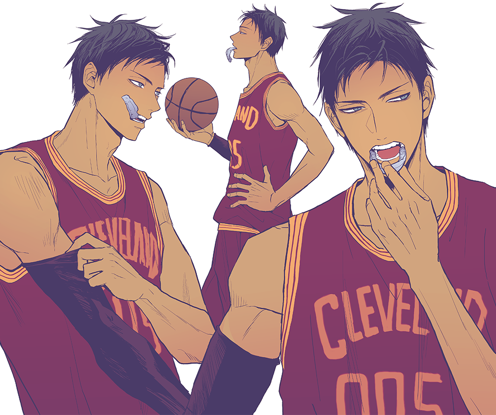 1boy, a_jou, aomine_daiki, arm_up, ball, bare_shoulders, basketball_(object), basketball_jersey