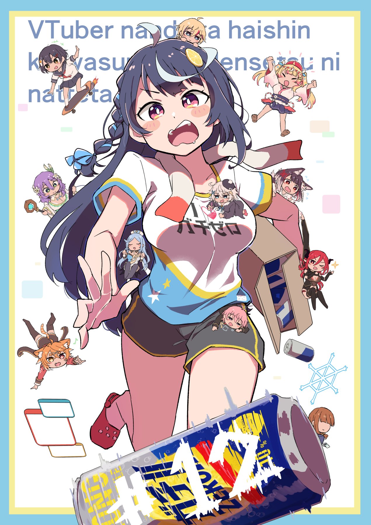 6+girls, ahoge, asagiri_hareru, beer_can, black_hair, can, chibi, dress