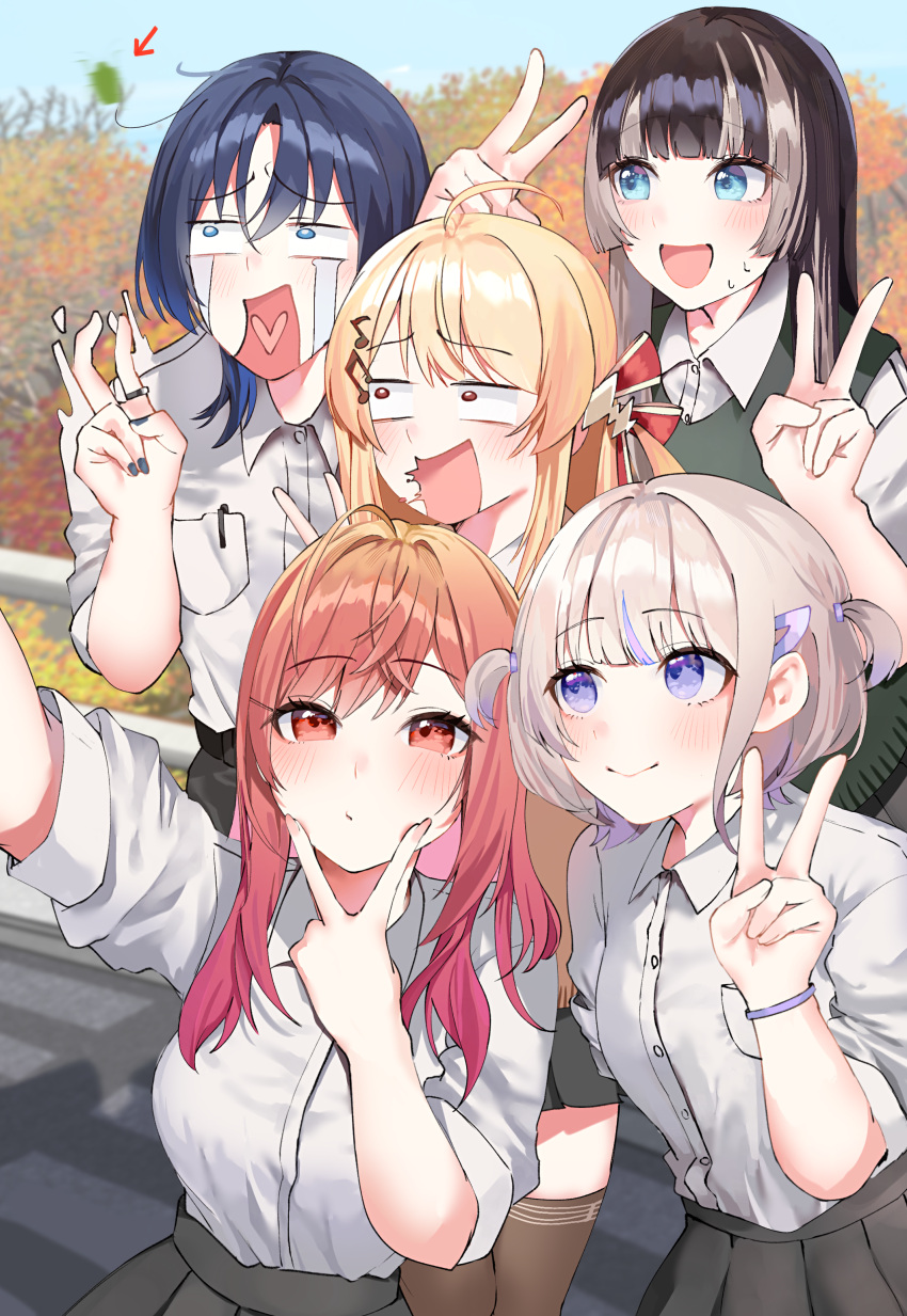 5girls, absurdres, ahoge, black_hair, blonde_hair, blue_eyes, blue_hair, blue_nails