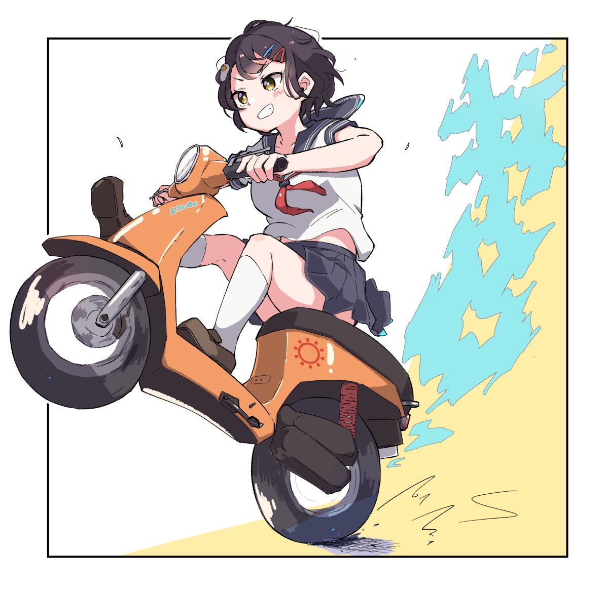 1girl, asagiri_hareru, black_hair, blush, grin, hair_ornament, ki-ro-to, kneehighs