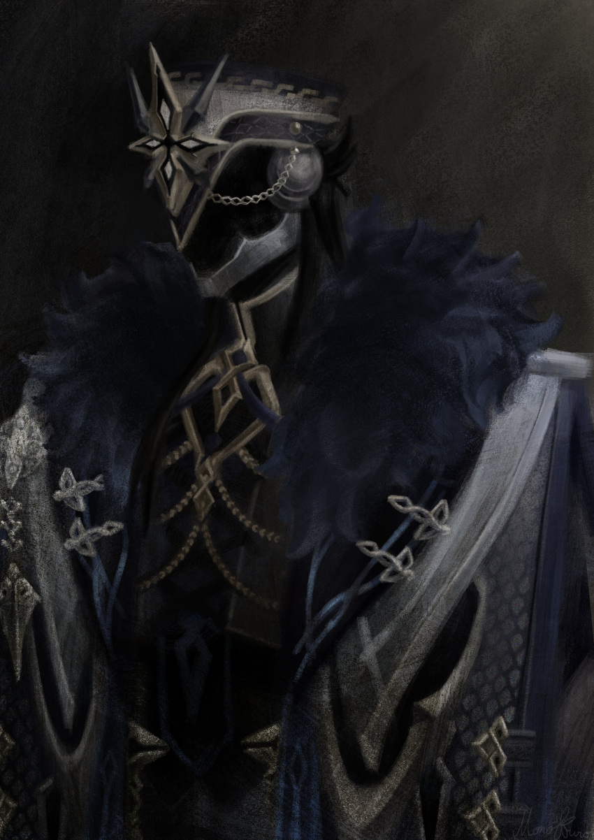 1boy, absurdres, black_hair, black_helmet, black_theme, capitano_(genshin_impact), coat, collared_shirt, faceless, faceless_male, fur-trimmed_coat, fur_trim, genshin_impact, gold_trim, helmet, high_collar, highres, long_hair, male_focus, monokuro_13, ornate_clothes, shirt, solo, upper_body, very_long_hair