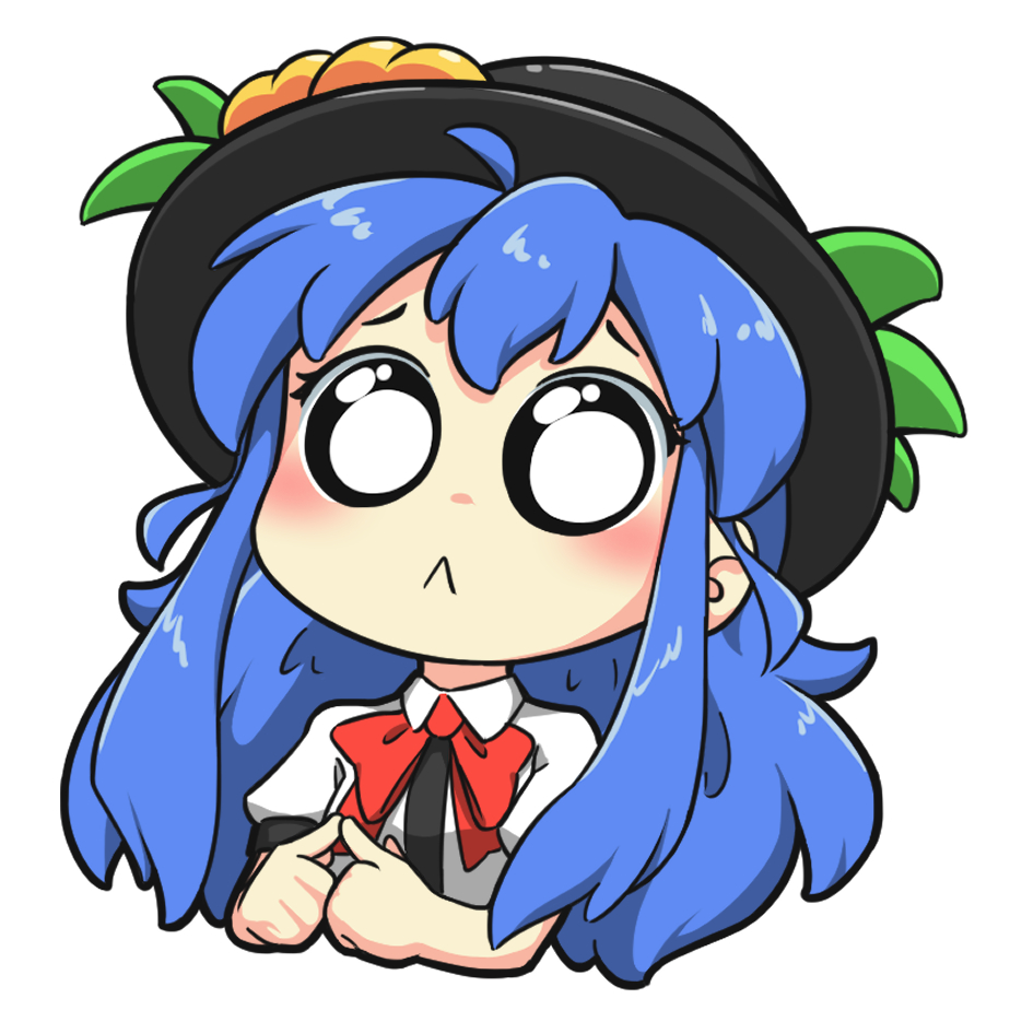 black_hat, blue_hair, blush, bow, chibi, finger_touching, food, fruit
