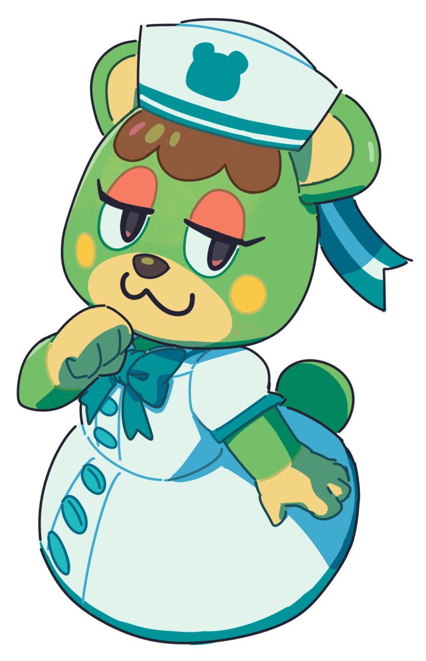 1girl, :3, animal_crossing, animal_ears, aqua_bow, aqua_bowtie, bear_ears, bear_girl