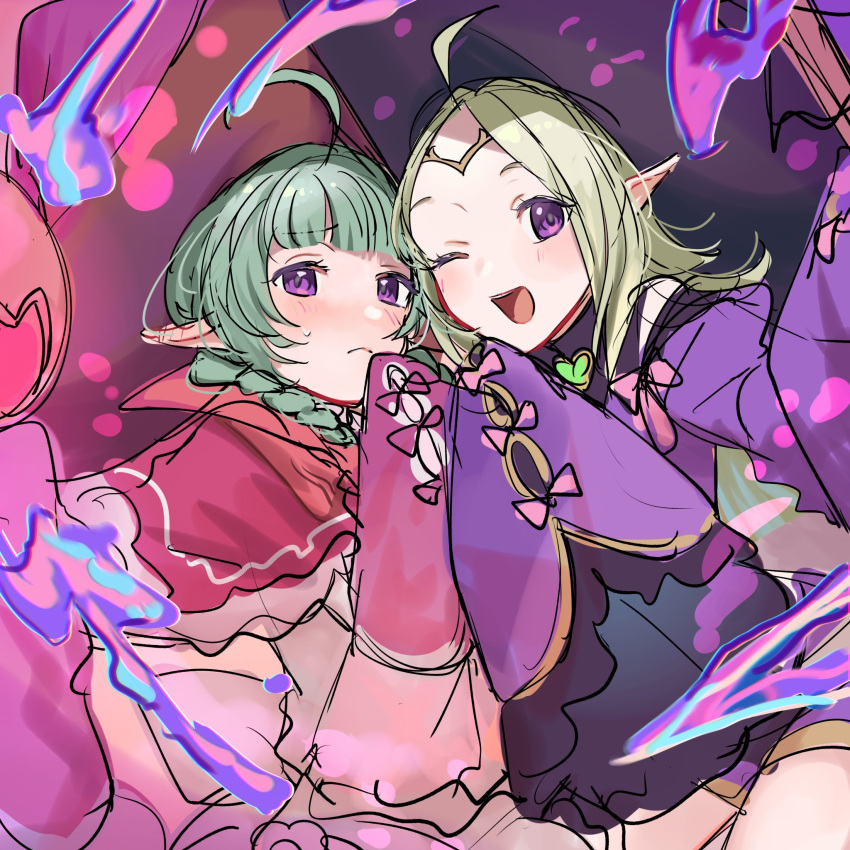 2girls, ;d, ahoge, black_shorts, blunt_bangs, blush, bow, braid