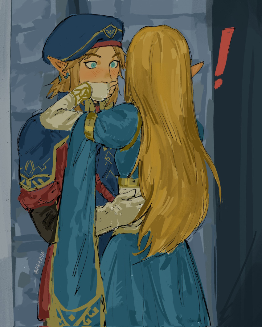 !, 1boy, 1girl, beret, blue_dress, blue_hat, commentary, covering_another's_mouth, dress, earrings, ekar1n, english_commentary, gloves, hat, hetero, highres, jewelry, link, long_hair, pointy_ears, princess_zelda, signature, sleeves_past_wrists, the_legend_of_zelda, the_legend_of_zelda:_breath_of_the_wild, twitter_username, white_gloves