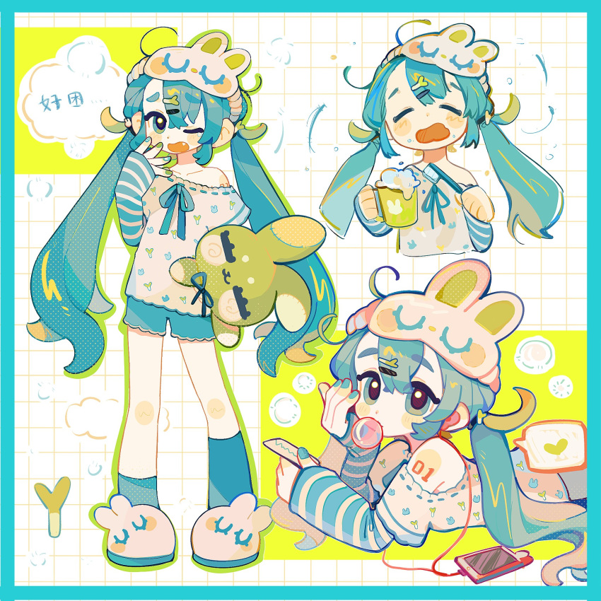 1girl, animal_print, animal_slippers, aqua_eyes, aqua_hair, aqua_nails, aqua_ribbon, aqua_shorts