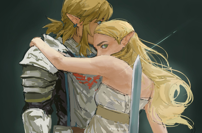 1boy, 1girl, armor, bare_shoulders, blonde_hair, blue_eyes, breasts, commentary