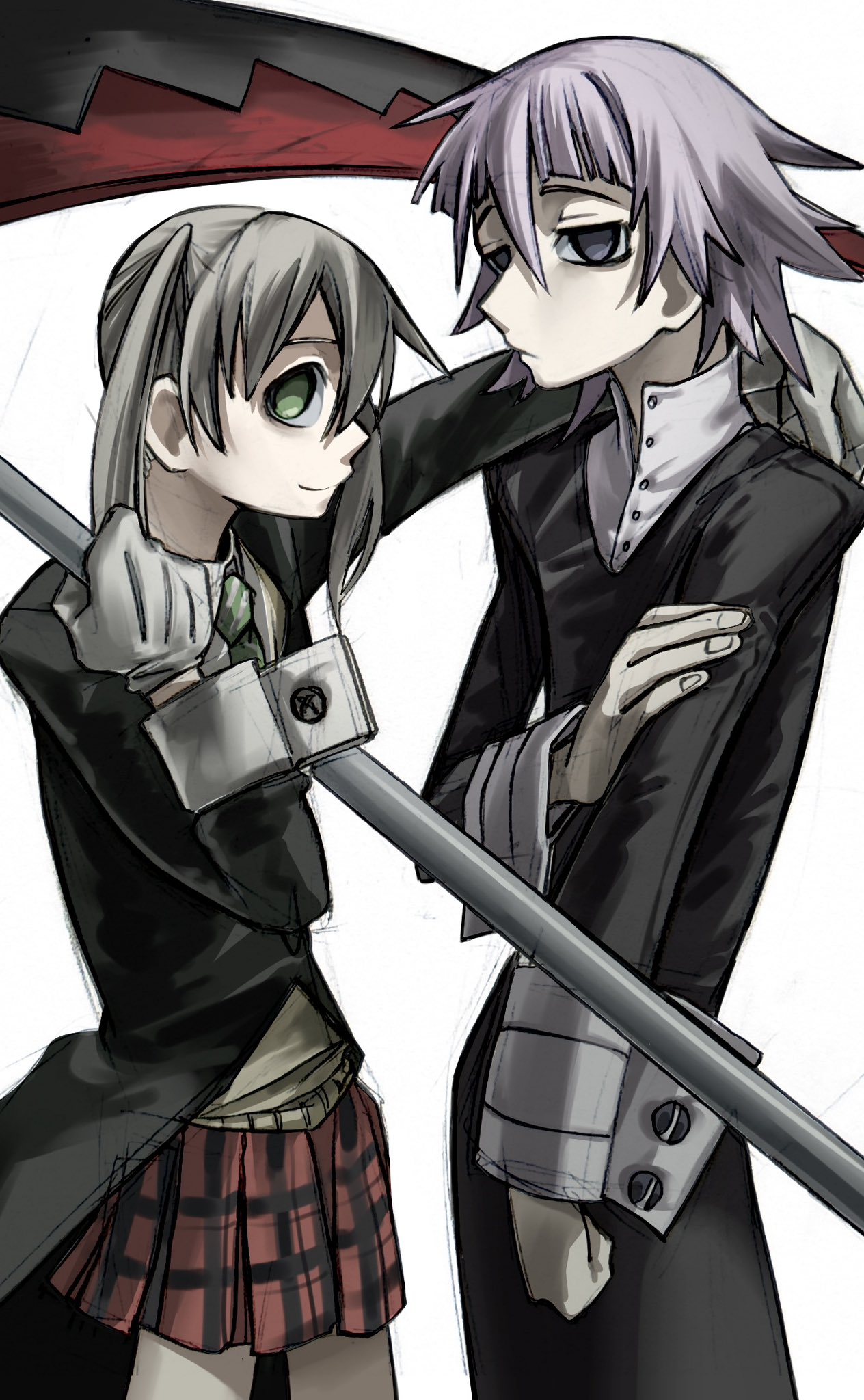 1girl, arm_behind_another's_back, black_dress, crona_(soul_eater), dress, gloves, green_eyes, green_necktie