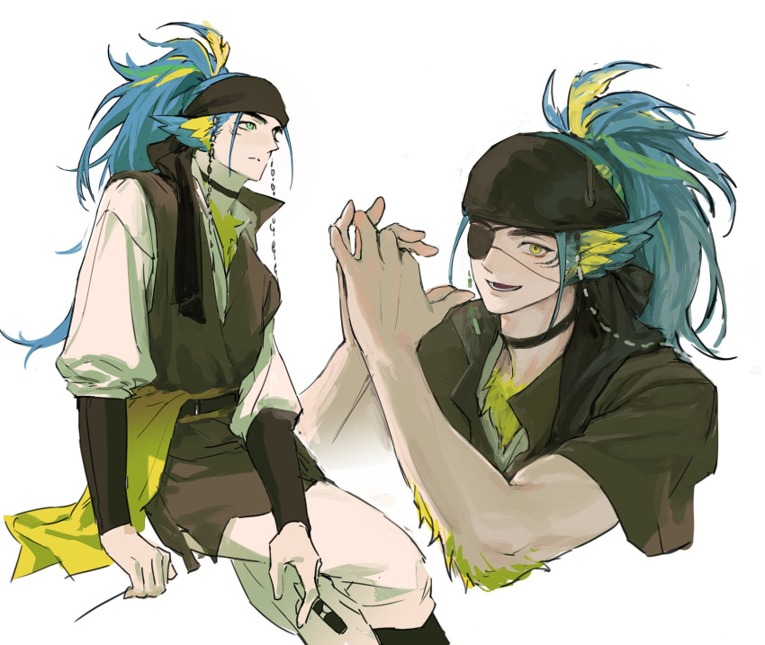 1boy, bandana, belt, bird, bird_boy, black_bandana, black_choker, black_footwear, black_tunic, blue-and-yellow_macaw, blue_eyes, boots, choker, closed_mouth, collared_tunic, commentary, crossed_legs, eyepatch, facial_mark, feathers, head_wings, high_ponytail, highres, i_monos, long_hair, macaw, male_focus, multiple_views, one_eye_covered, original, own_hands_together, pants, parrot, pirate, ponytail, puffy_sleeves, shirt, simple_background, solo, tunic, white_background, white_pants, white_shirt, wings, yellow_eyes, yellow_feathers