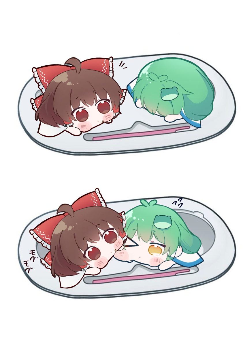 2girls, absurdres, ahoge, antenna_hair, biting, bow, brown_eyes, brown_hair