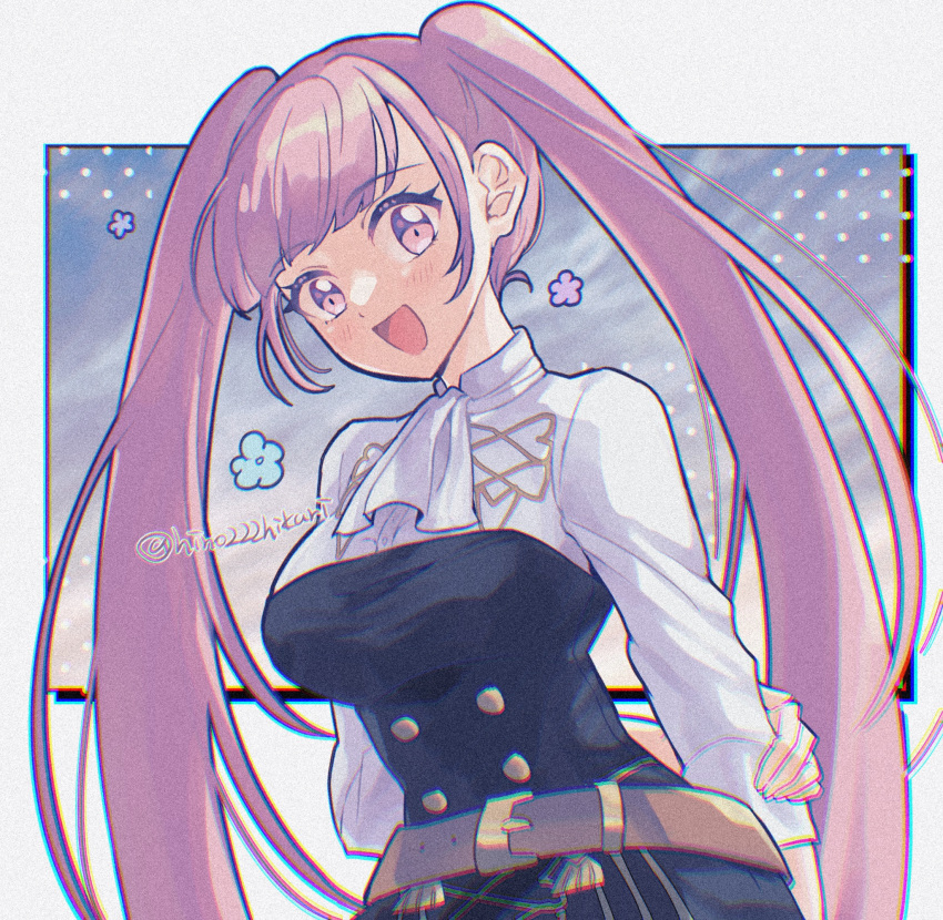 1girl, ascot, belt, belt_buckle, blush, brown_belt, buckle, buttons, commentary_request, fire_emblem, fire_emblem:_three_houses, garreg_mach_monastery_uniform, head_tilt, highres, hilda_valentine_goneril, hino222hikari, long_hair, looking_at_viewer, pink_eyes, pink_hair, solo, twintails, twitter_username, very_long_hair, white_ascot