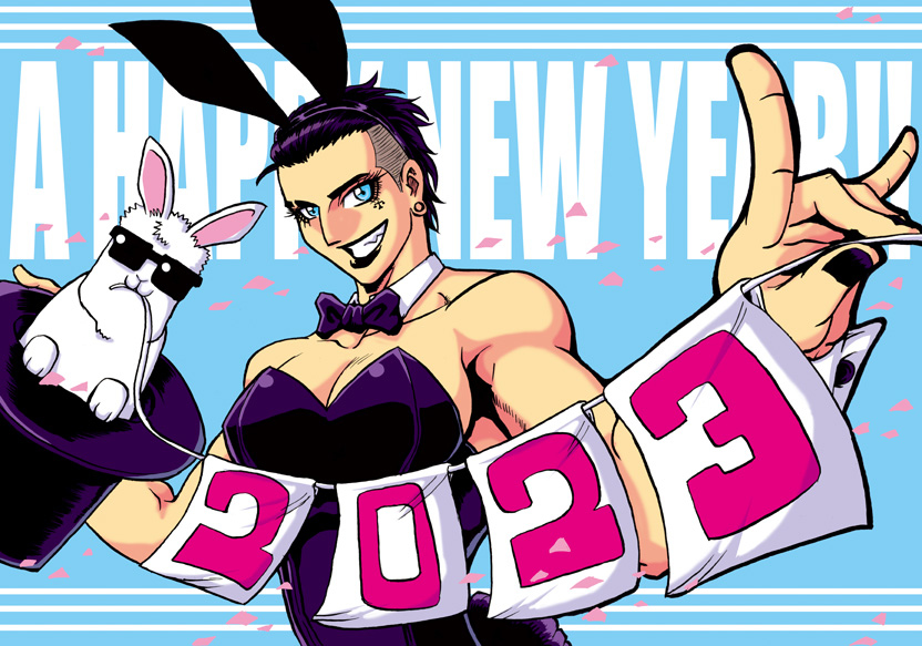 1girl, 2023, animal_ears, blue_eyes, bow, bowtie, chinese_zodiac, hozun1985, muscular, muscular_female, rabbit_ears, rhea_ripley, smile, sunglasses, white_rabbit_(animal), wrestling_outfit, wwe, year_of_the_rabbit