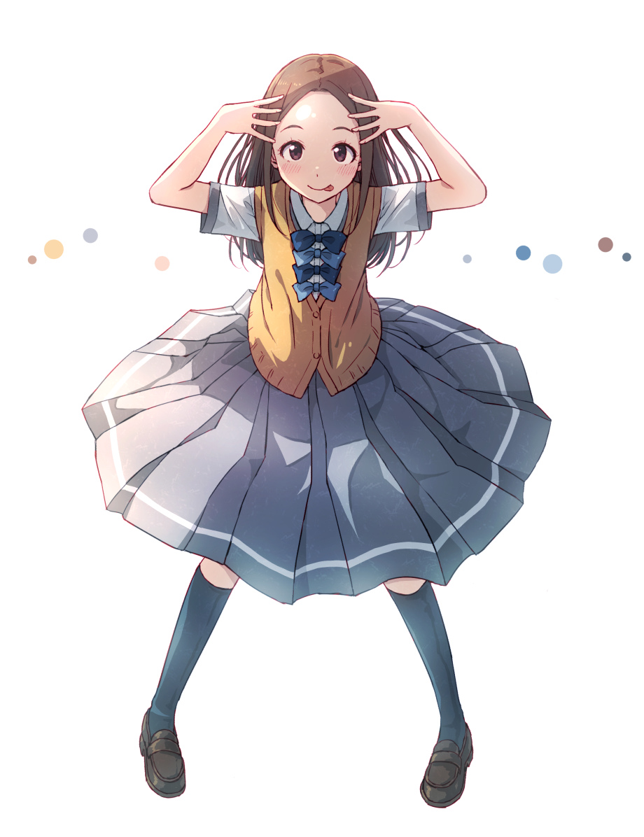 1girl, :p, asagumo_chihaya, black_footwear, black_socks, blue_bow, blue_bowtie, blush