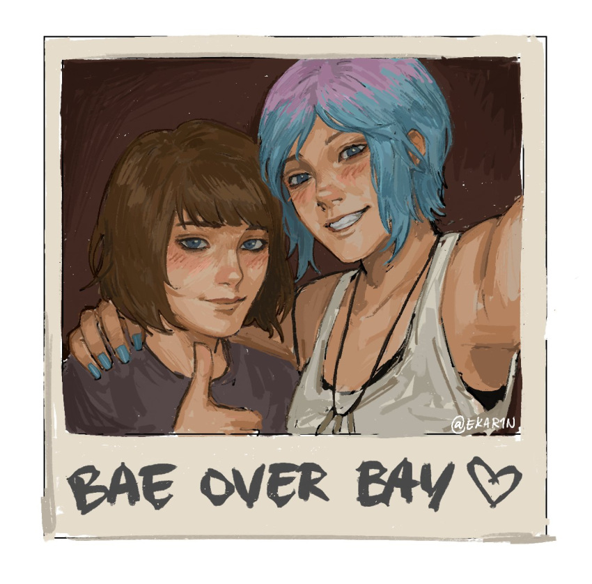 2girls, arm_around_shoulder, blue_eyes, blue_hair, blue_nails, bob_cut, brown_hair, chloe_price