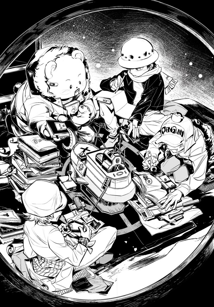 4boys, aged_down, bandaid, bandaid_on_face, bear, bepo, bird, book, coat, commentary_request, from_above, greyscale, hat, heart_pirates_jolly_roger, indian_style, jumpsuit, male_focus, monochrome, multiple_boys, one_piece, penguin, penguin_(one_piece), polar_tang, scarf, shachi_(one_piece), sharp_teeth, sitting, smile, teeth, toongue, trafalgar_law