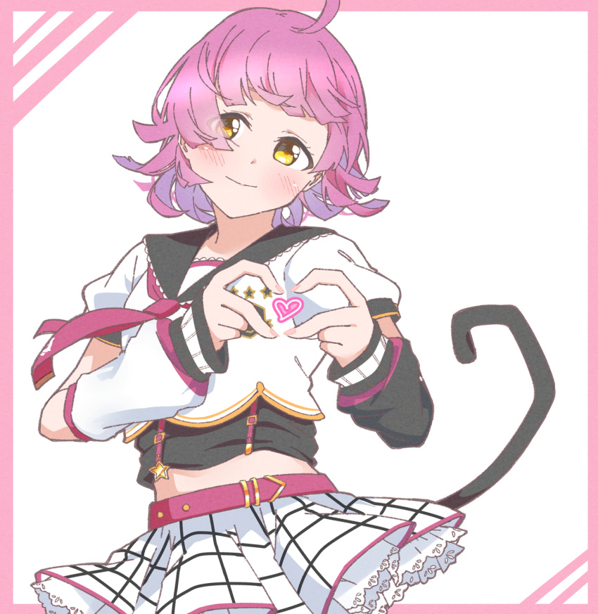 1girl, 4-finger_heart_hands, ahoge, animal_ear_headphones, animal_ears, belt, blunt_bangs, blunt_ends, blush, border, cat_ear_headphones, cat_tail, closed_mouth, cowboy_shot, dokipipo_emotion, fake_animal_ears, fake_tail, headphones, heart, heart_hands, heart_in_heart_hands, highres, kishimen_hair, liz_(piyoko_piyop), looking_at_viewer, love_live!, love_live!_nijigasaki_high_school_idol_club, medium_hair, midriff, official_alternate_costume, pink_belt, pink_border, pink_hair, puffy_short_sleeves, puffy_sleeves, shirt, short_sleeves, smile, solo, split_mouth, tail, tennoji_rina, white_background, white_shirt, yellow_eyes