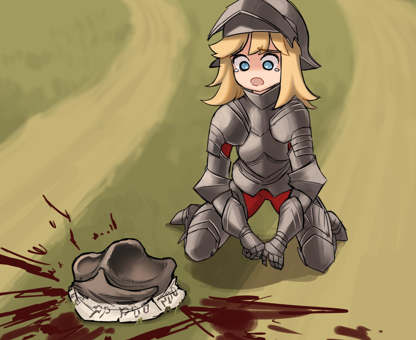 1girl, armor, blonde_hair, blood, blood_splatter, blue_eyes, breastplate, centurii-chan_(artist)