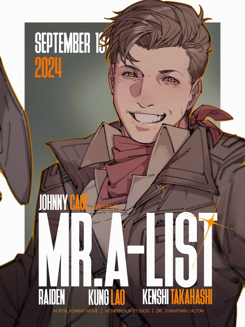 1boy, 2024, absurdres, bandana, bandana_around_neck, black_jacket, border, brown_eyes, brown_hair, character_name, collared_shirt, commentary, english_commentary, english_text, grey_shirt, grin, highres, jacket, johnny_cage, lapels, layered_clothes, looking_at_viewer, male_focus, mortal_kombat, mortal_kombat_(series), mortal_kombat_1_(2023), movie_poster, outside_border, pereg1ne, red_bandana, shirt, short_hair, smile, solo, sparkle, teeth, white_border, wing_collar