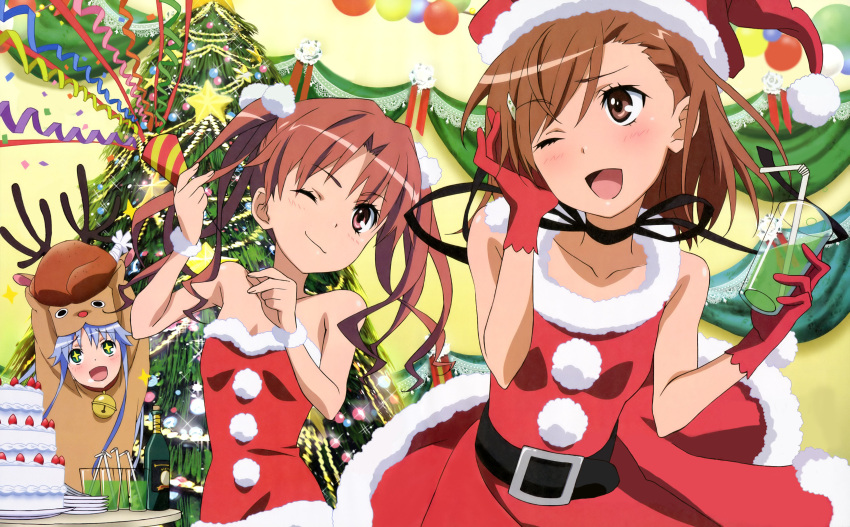 3girls, :d, absurdres, animal_costume, antlers, bare_shoulders, bell, belt, blush, bottle, bow, cake, chicken, chicken_(food), christmas, christmas_tree, confetti, cup, decorations, drink, flower, food, fruit, gloves, hair_ornament, hair_ties, hairpin, hat, highres, index, kobayashi_emiko, lights, misaka_mikoto, multiple_girls, official_art, open_mouth, party, plate, reindeer, reindeer_costume, ribbon, saliva, santa_costume, santa_hat, shirai_kuroko, smile, star, straw, strawberry, to_aru_kagaku_no_railgun, to_aru_majutsu_no_index, twintails, wink