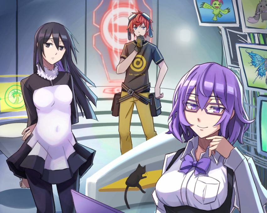 1boy, 2girls, aiba_takumi, arms_behind_back, belt, belt_pouch, black_belt, black_cat