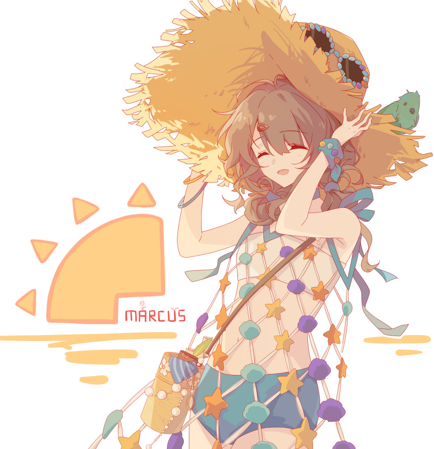 1girl, ^_^, absurdres, adjusting_clothes, adjusting_headwear, animal_on_head, arm_up, bag