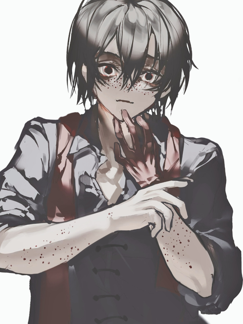 1boy, anqc137, black_eyes, black_hair, black_shirt, body_freckles, chinese_commentary, commentary_request