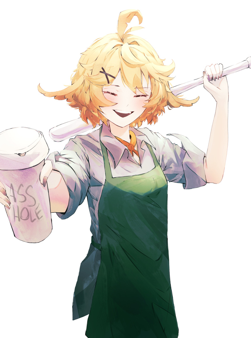 1girl, :d, absurdres, adapted_costume, ahoge, apron, baseball_bat, black_nails