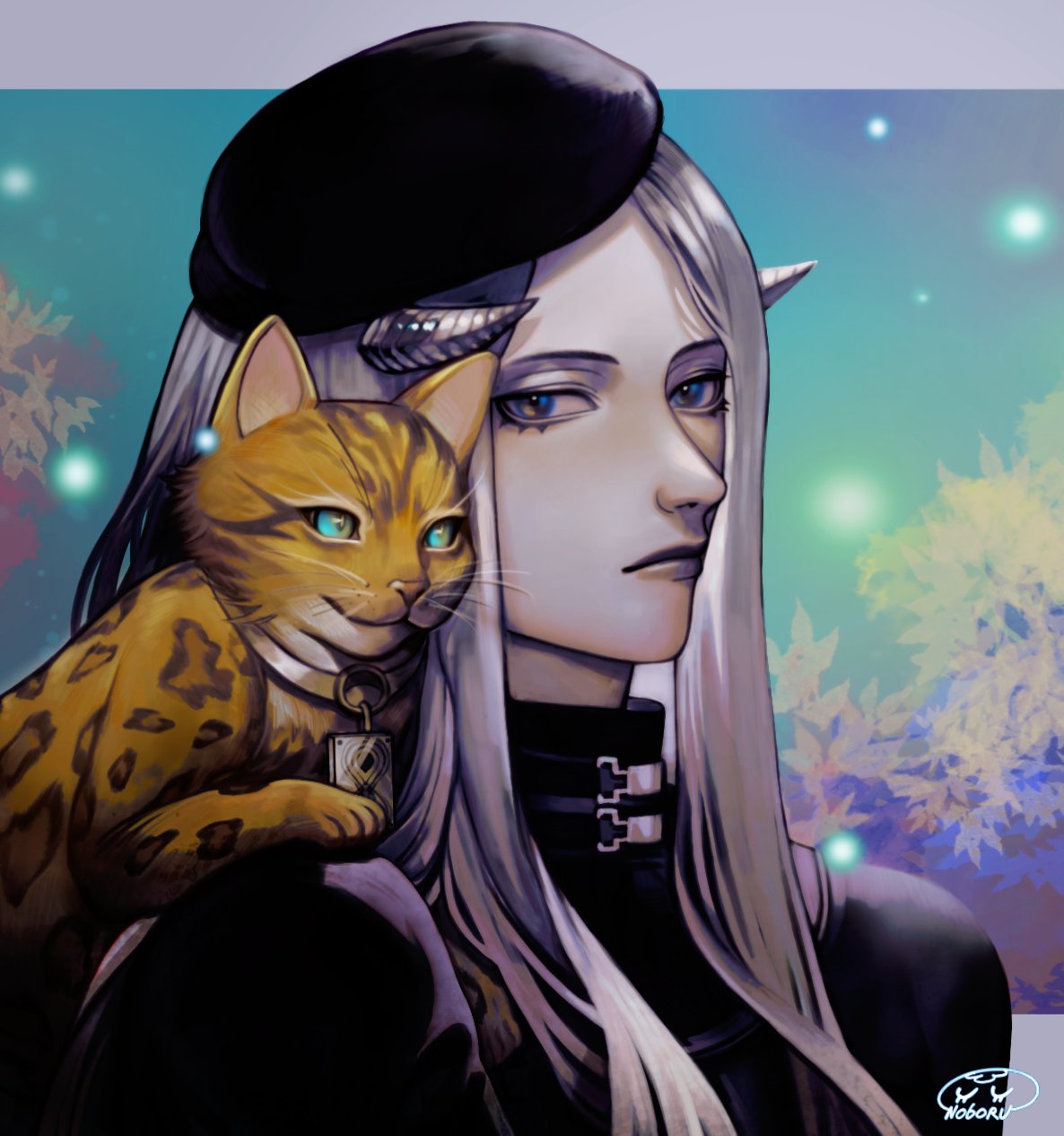 1boy, animal_on_shoulder, beret, black_hat, black_shirt, blue_eyes, cat, cat_on_shoulder, closed_mouth, collar, commentary, english_commentary, expressionless, from_side, green_eyes, hat, highres, horns, long_hair, male_focus, metaphor:_refantazio, more_(metaphor:_refantazio), noboru_ru, plato_(metaphor:_refantazio), shirt, signature, turtleneck, upper_body, white_hair
