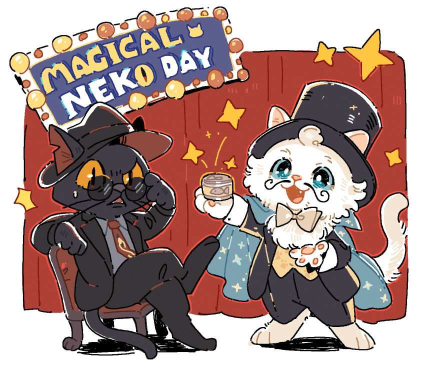 2boys, adjusting_eyewear, animal_ears, aziraphale_(good_omens), black_fur, blue_cape, blue_eyes, bow, bowtie, can, canned_fish, cape, cat_boy, cat_ears, cat_tail, commentary, crowley_(good_omens), digitigrade, english_text, facial_hair, fluffy, full_body, furrification, furry, furry_male, good_omens, hat, highres, holding, holding_can, luminous_slime, magician, male_focus, multiple_boys, mustache, necktie, sign, standing, suit, sunglasses, symbol-only_commentary, tail, top_hat, white_fur, yellow_eyes