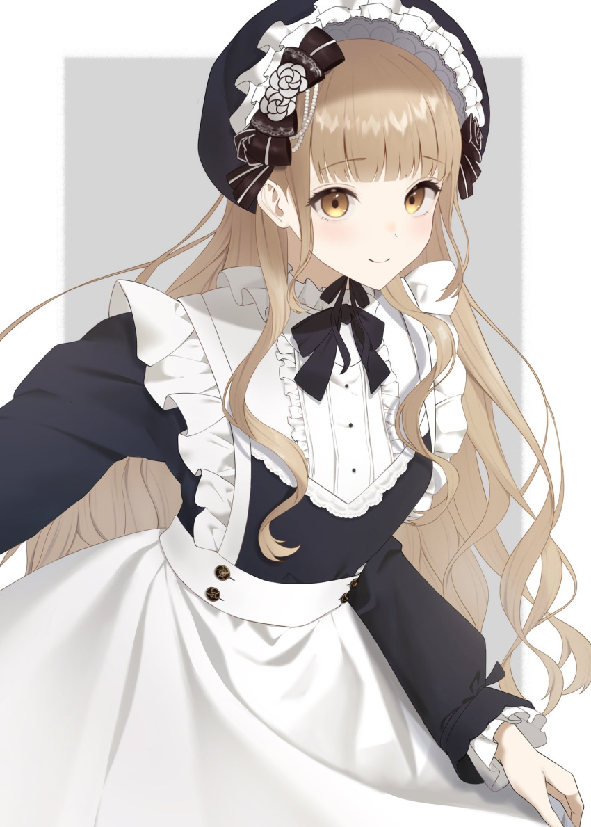 1girl, apron, bib_collar, black_bonnet, black_bow, black_bowtie, black_dress, blunt_bangs