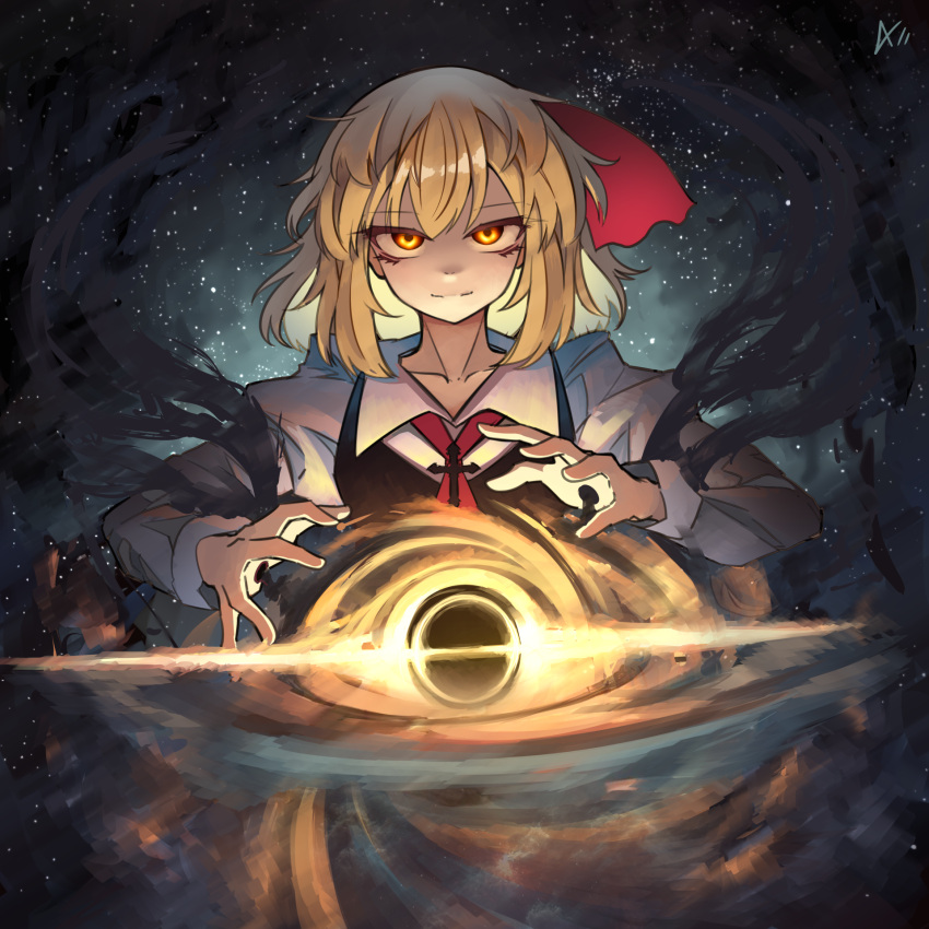 1girl, a-xii, ascot, black_hole, blonde_hair, commentary, cross, english_commentary, hair_ribbon, highres, long_sleeves, looking_at_viewer, orange_eyes, outdoors, red_ascot, red_ribbon, ribbon, rumia, short_hair, signature, solo, star_(sky), touhou, upper_body