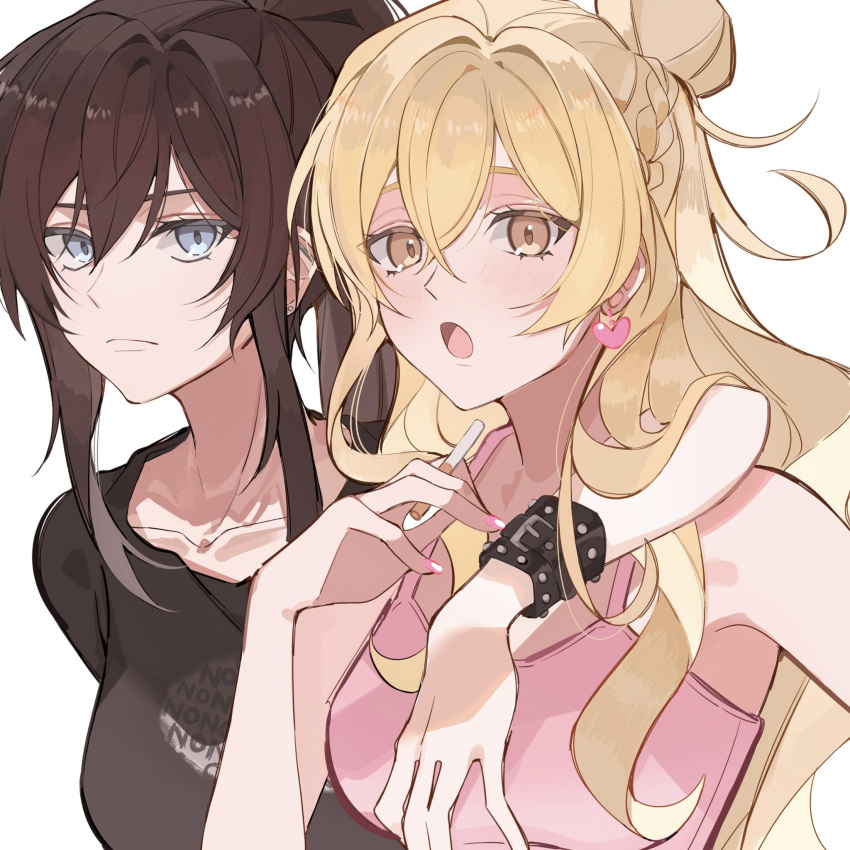 2girls, arm_around_shoulder, bare_shoulders, black_hair, black_shirt, blonde_hair, blue_eyes, blush, bracelet, cigarette, class_of_09, dearbellle, earrings, heart-shaped_charm, highres, holding, holding_cigarette, jecka_(class_of_09), jewelry, long_hair, looking_at_viewer, multiple_girls, nicole_(class_of_09), open_mouth, pink_shirt, ponytail, shirt, simple_background, sleeveless, stud_earrings, studded_bracelet, white_background, yellow_eyes, yuri