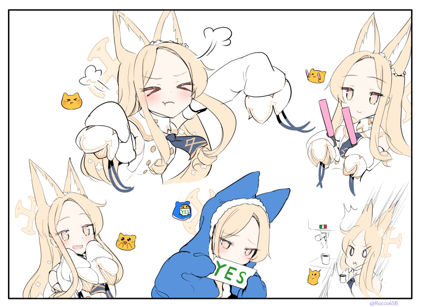 >_<, alternate_costume, animal_ear_fluff, animal_ears, blonde_hair, blue_archive, blue_hoodie, dress, forehead, fox_ears, highres, holding_lightstick, hood, hood_up, hoodie, pout, sakurano_rocco, seia_(blue_archive), smile, surprised, very_long_sleeves, white_dress