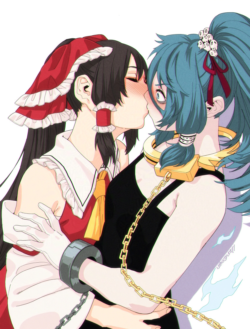 2girls, absurdres, ascot, blue_eyes, blue_hair, blush, bow, brown_hair