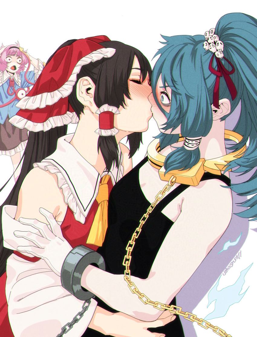 3girls, absurdres, ascot, blue_eyes, blue_hair, blush, bow, brown_hair