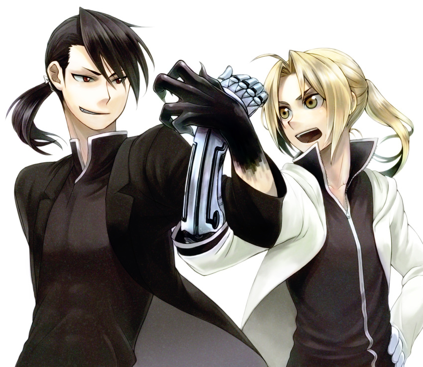 ahoge, amber_eyes, anna_kotori, black_hair, blonde_hair, braid, brown_eyes, claws, cloak, coat, collarbone, edward_elric, fullmetal_alchemist, gloves, golden_eyes, greed, grin, hair_over_one_eye, highres, homunculus, ling_yao, long_hair, male, mechanical_arm, multiple_boys, open_mouth, ponytail, pose, red_eyes, smile, teeth, white_gloves, yellow_eyes
