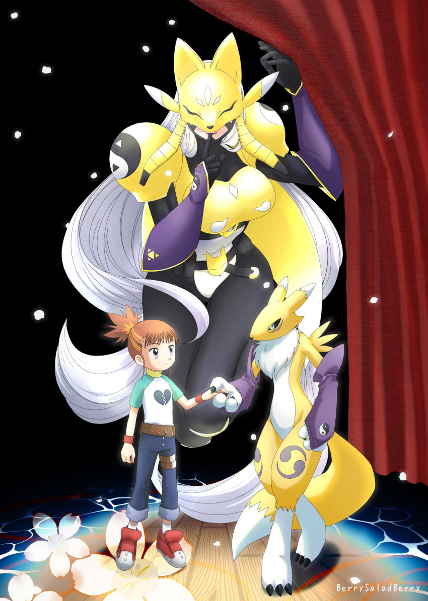 2girls, armor, black_bodysuit, black_sclera, blue_pants, body_fur, bodysuit, breasts, broken_heart_print, brown_hair, colored_sclera, denim, digimon, digimon_(creature), digimon_tamers, finger_to_mouth, fox_mask, full_body, gold_armor, grey_hair, high_ponytail, highres, holding_hands, large_breasts, makino_ruki, mask, medium_hair, multiple_girls, pants, print_shirt, renamon, sakuyamon, saradaberi, shirt, white_shirt, yellow_fur, yin_yang