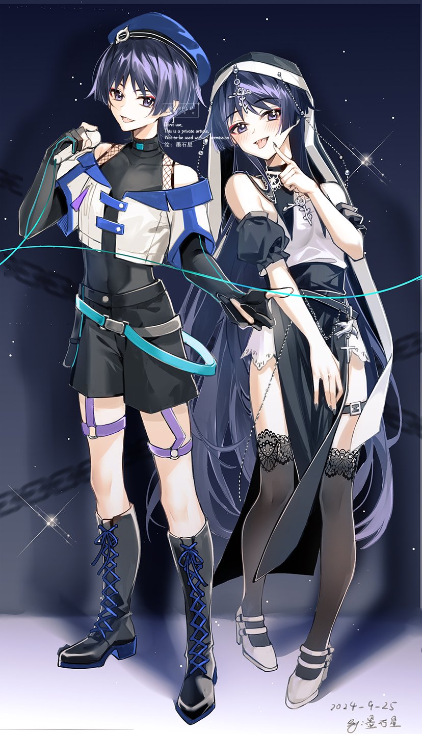 1boy, 1girl, alternate_costume, androgynous, aqua_belt, bare_shoulders, belt, belt_buckle, beret, black_bodysuit, black_dress, black_eyes, black_footwear, black_gloves, black_nails, black_shorts, black_skirt, black_sleeves, black_socks, bloomers, blue_hat, blue_trim, blunt_ends, blush, bodysuit, boots, buckle, chain, coif, covered_collarbone, covered_navel, cropped_jacket, cross-laced_footwear, cross_hat_ornament, dated, detached_sleeves, dress, elbow_gloves, eyeliner, eyeshadow, fingernails, fishnet_top, fishnets, full_body, genderswap, genderswap_(mtf), genshin_impact, gloves, gold_trim, grey_belt, guimpe, hand_up, hat, high_heels, highres, holding, holding_microphone, idol, jacket, knee_boots, kneehighs, lace-trimmed_socks, lappet, long_hair, looking_at_viewer, makeup, microphone, mostar, o-ring, o-ring_thigh_strap, open_mouth, partially_fingerless_gloves, pelvic_curtain, piercing, pigeon-toed, platform_boots, platform_footwear, pointing, pointing_at_self, puffy_sleeves, purple_hair, purple_straps, red_eyeliner, red_eyeshadow, scaramouche_(genshin_impact), sharp_fingernails, shirt, short_sleeves, shorts, skirt, sleeveless, sleeveless_shirt, socks, standing, thigh_belt, thigh_strap, tongue, tongue_out, tongue_piercing, turtleneck, turtleneck_bodysuit, very_long_hair, wanderer_(genshin_impact), watermark, white_bloomers, white_footwear, white_jacket, white_shirt, wimple