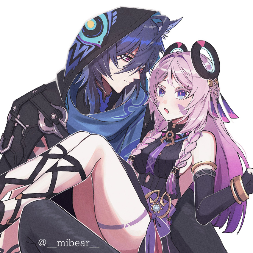 1boy, 1girl, ahoge, animal_ears, armlet, armpit_cutout, bare_shoulders, bat_ears