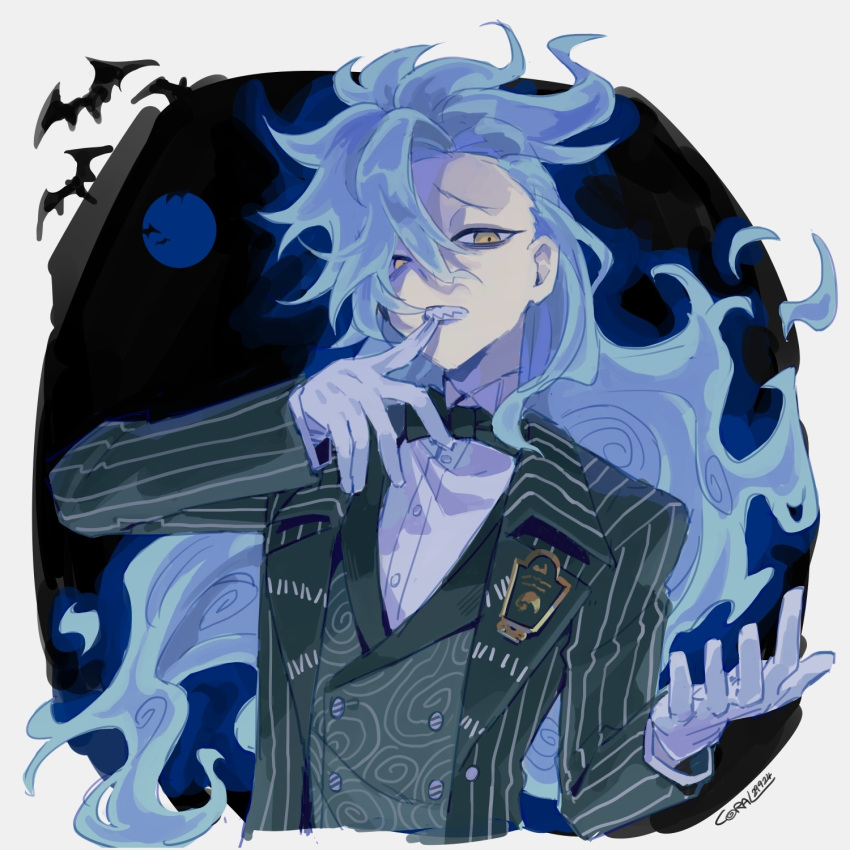 1boy, arm_up, bat_(animal), biting, biting_glove, black_bow, black_bowtie, black_jacket, black_vest, blue_hair, bow, bowtie, buttons, commentary, coral_l33, cropped_torso, dress_shirt, english_commentary, eyeliner, floating_hair, gloves, hair_between_eyes, hair_over_one_eye, highres, idia_shroud, jacket, layered_sleeves, light_blue_hair, long_hair, makeup, male_focus, mouth_hold, patterned_clothing, removing_glove, school_emblem, shirt, signature, solo, striped_clothes, striped_jacket, twisted_wonderland, upper_body, vest, white_gloves, white_shirt, yellow_eyes