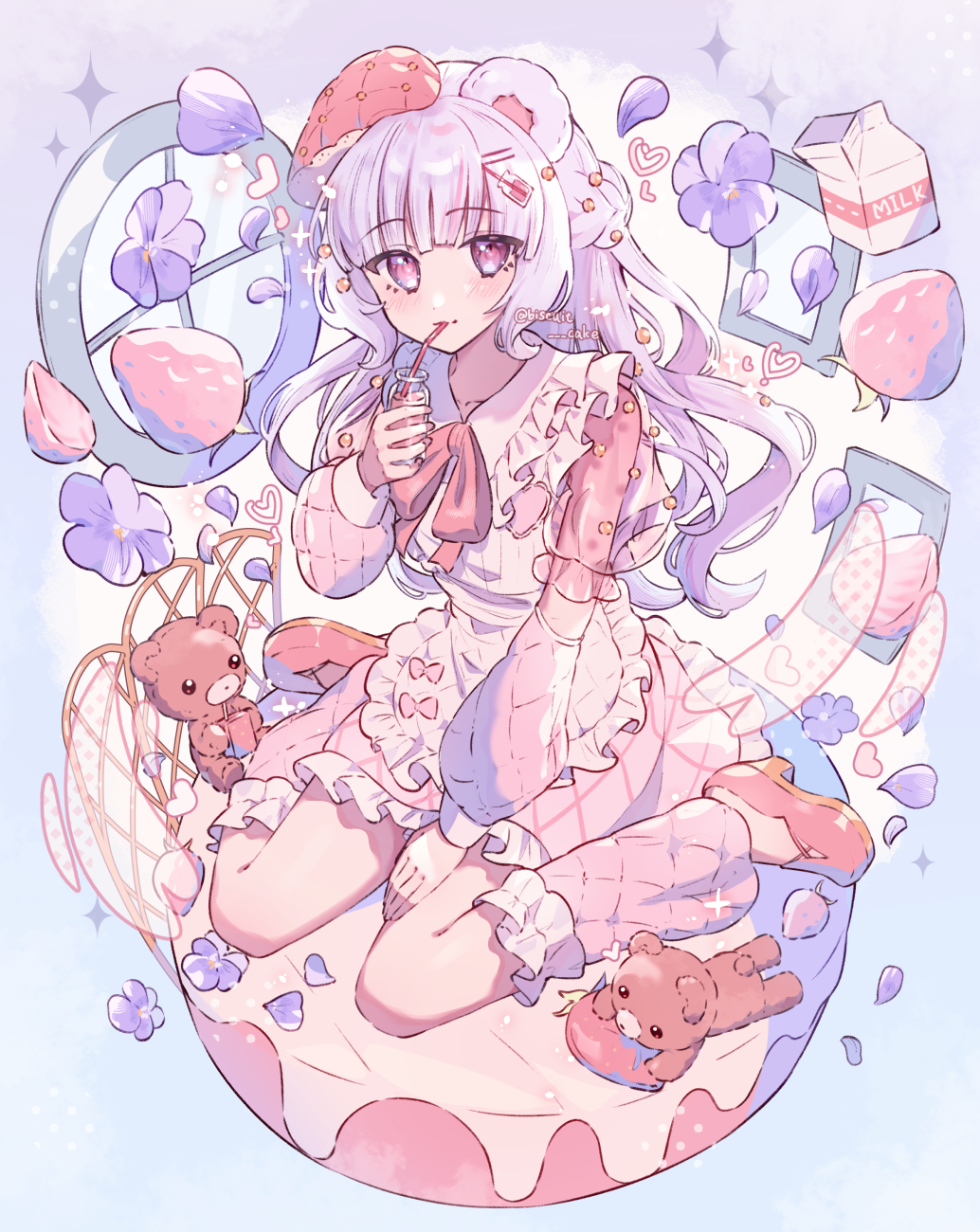 1girl, animal_ears, apron, arm_on_own_leg, bear_ears, blunt_bangs, cake, collarbone
