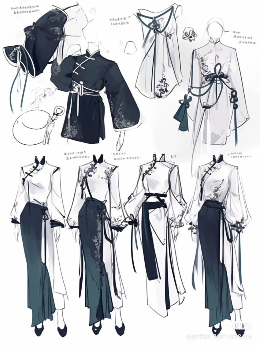 1girl, asymmetrical_skirt, bad_source, chinese_clothes, chinese_text, fashion, green_theme, highres, long_skirt, long_sleeves, mandarin_collar, monochrome, multiple_views, original, pankou, sash, shi_zhengzheng_ya, skirt, white_background