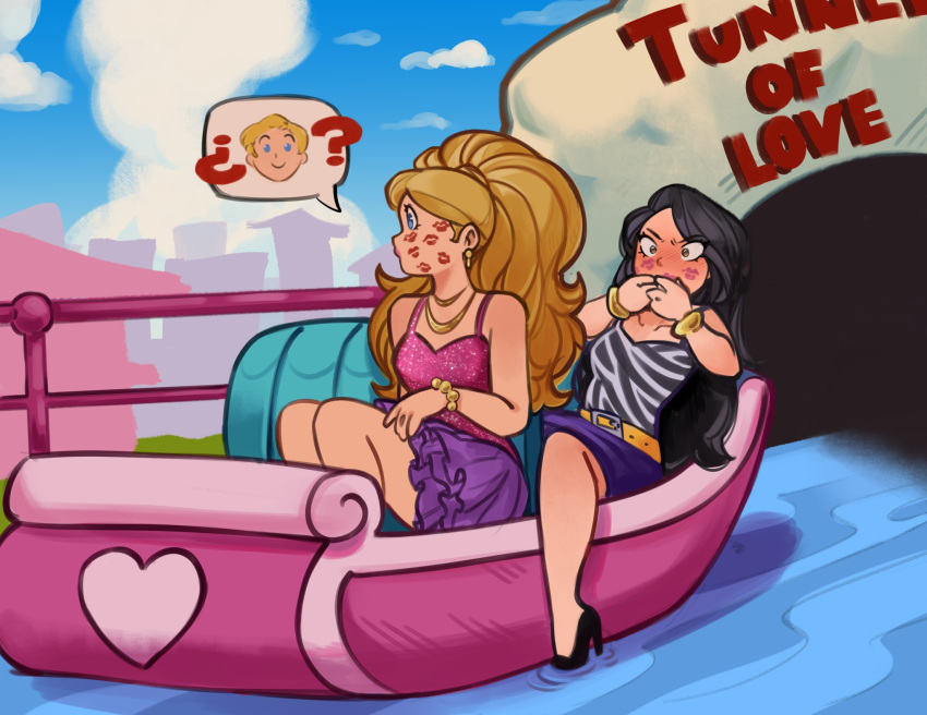 1boy, 2girls, ?, after_kiss, barbie_(character), barbie_(franchise), black_hair, blonde_hair
