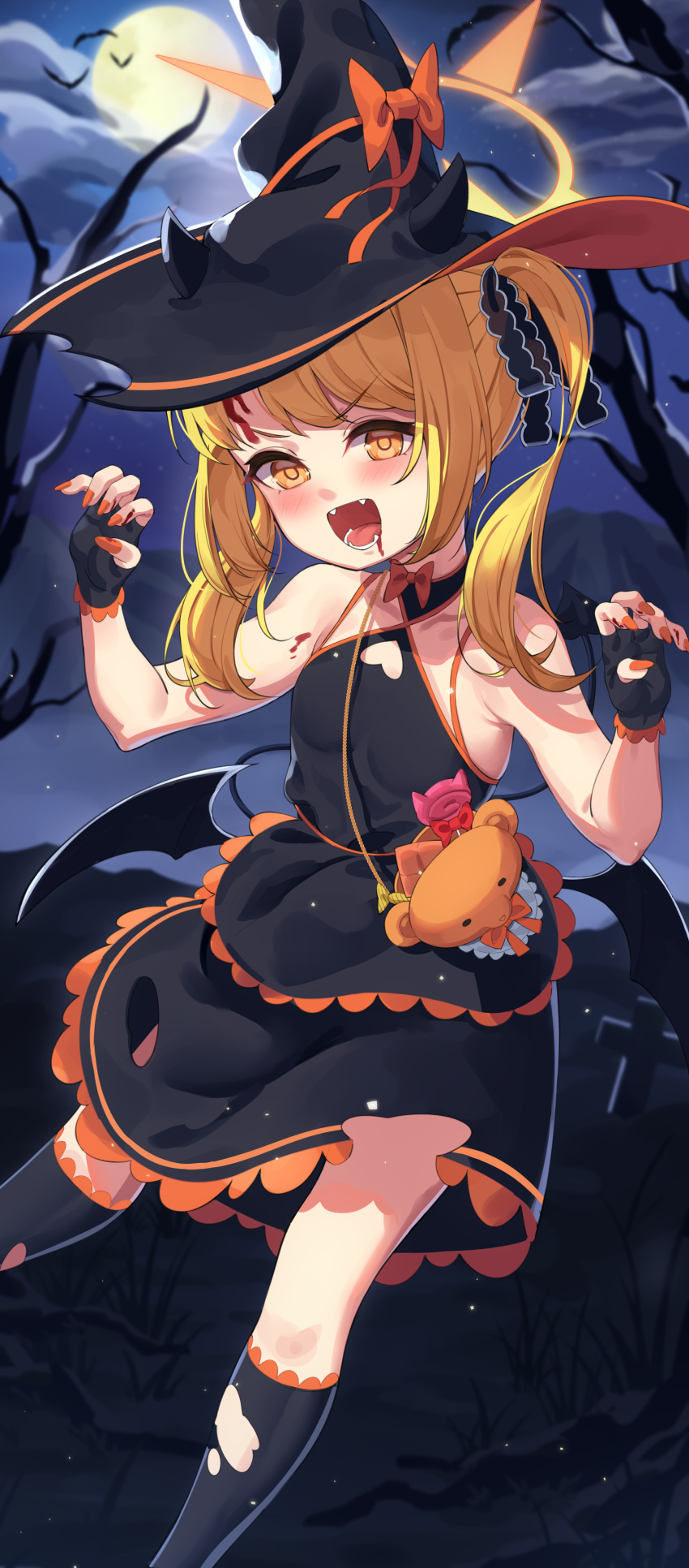 1girl, :d, absurdres, bag, bare_shoulders, bat_(animal), black_dress, black_gloves