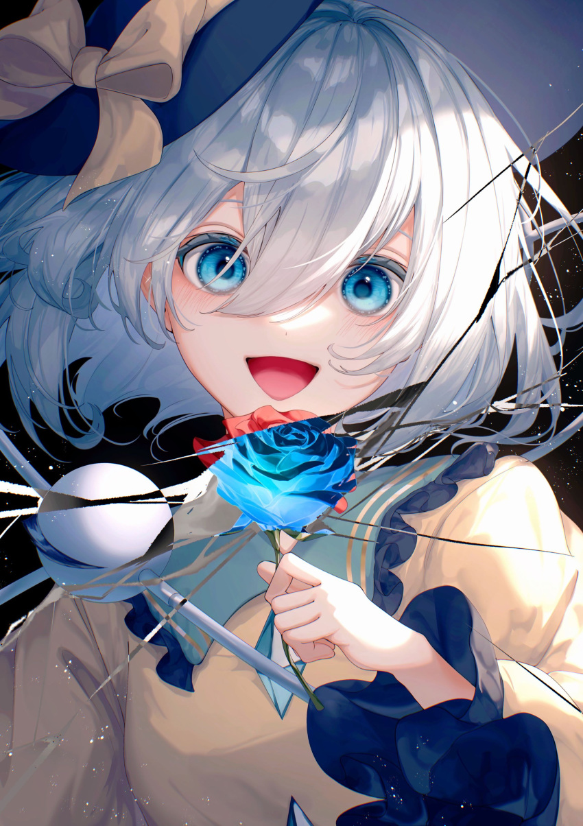 1girl, absurdres, batory_ken, black_bow, blue_eyes, bow, buttons, commentary_request