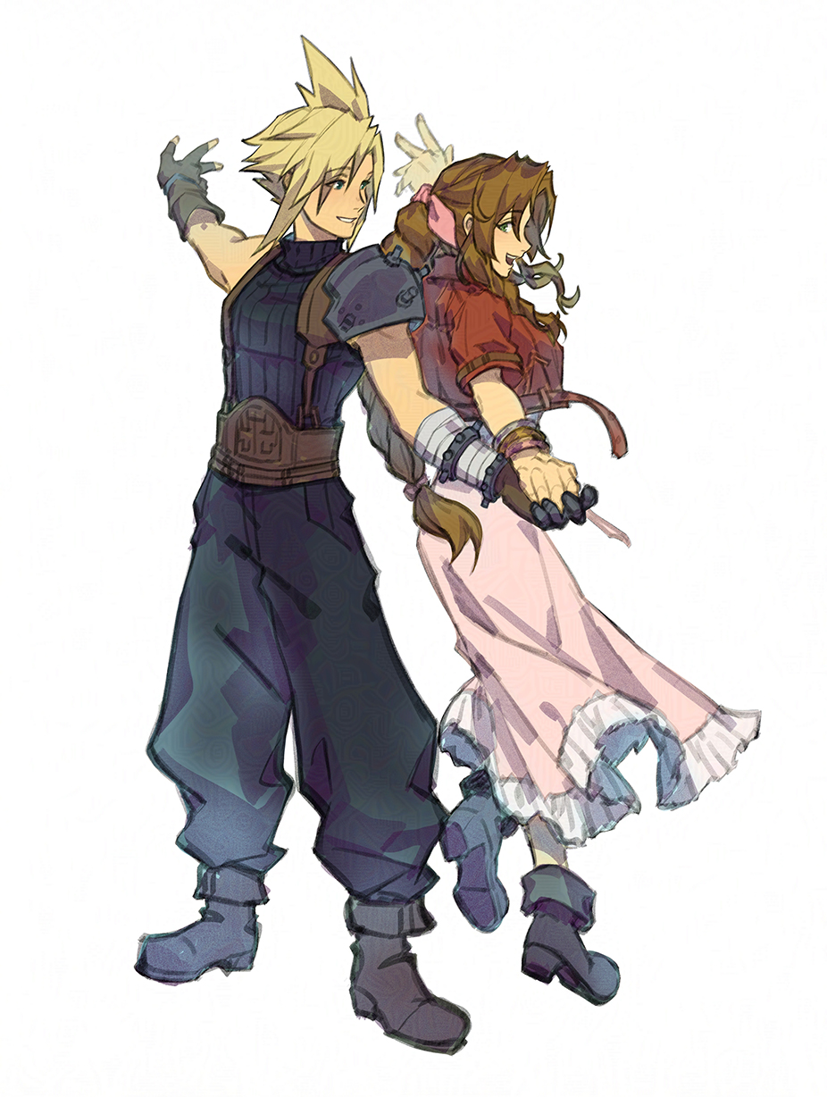 1boy, 1girl, aerith_gainsborough, armor, bandaged_arm, bandages, belt, black_footwear, black_gloves, black_sweater, blonde_hair, blue_eyes, boots, brown_belt, brown_hair, cloud_strife, commentary, cropped_jacket, dancing, dress, english_commentary, ff7_ree, final_fantasy, final_fantasy_vii, final_fantasy_vii_remake, fingerless_gloves, full_body, gloves, green_eyes, hair_ribbon, hetero, highres, jacket, long_hair, looking_at_another, pauldrons, pink_dress, pink_ribbon, pointy_hair, profile, red_jacket, ribbed_sweater, ribbon, short_hair, short_sleeves, shoulder_armor, simple_background, single_fingerless_glove, single_pauldron, sleeveless, smile, sweater, turtleneck, turtleneck_sweater, white_background