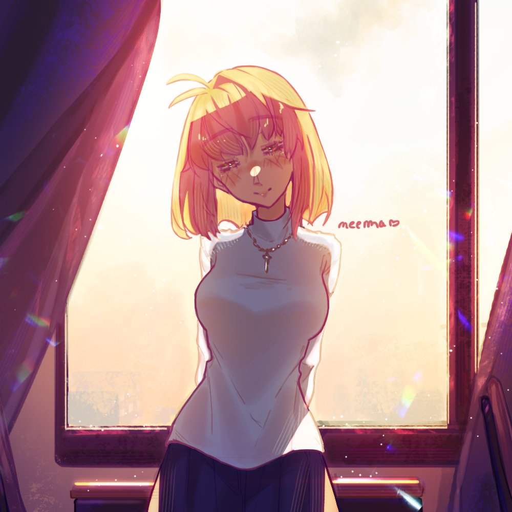 1girl, arcueid_brunestud, arms_behind_back, artist_name, blonde_hair, breasts, closed_mouth, commentary