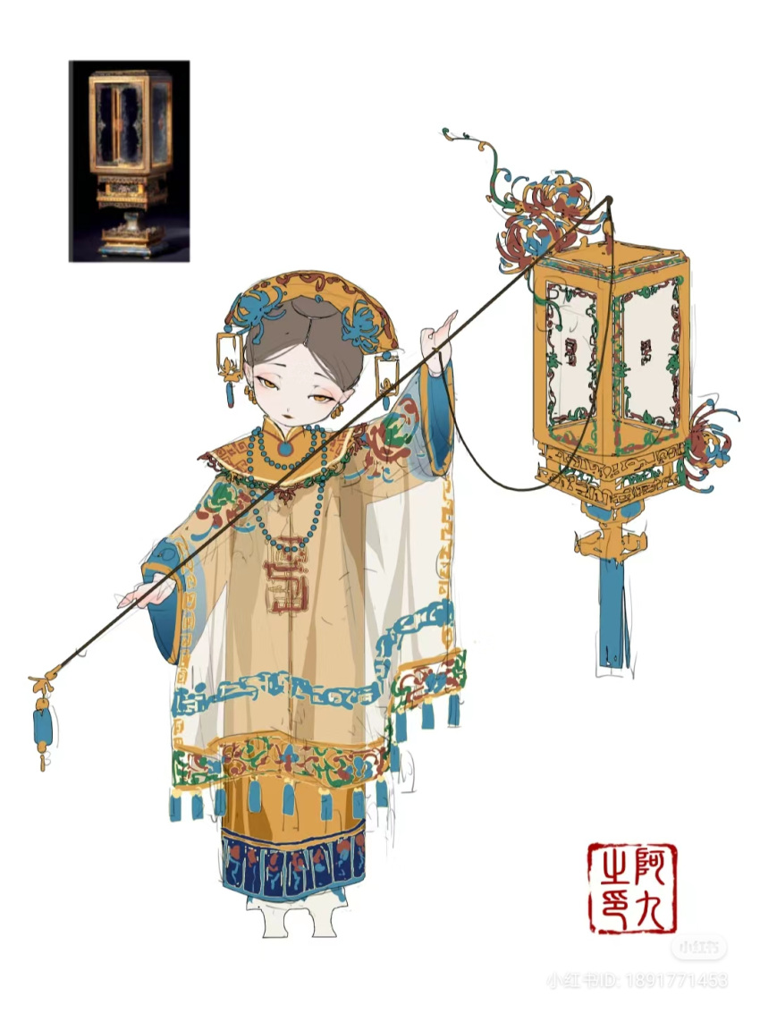 1girl, ajiu_nine_ajiu, bad_source, chinese_clothes, chrysanthemum, dalachi_(headdress), dress, flower, highres, lantern, manchu_clothes, original, personification, photo_inset, platform_footwear, qing_dynasty, qixie, reference_inset, solo, xiaohongshu_watermark, yellow_dress, yunjian
